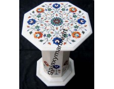 White marble inlay side table top having multi-color combination of semi-precious stones  WP-13203